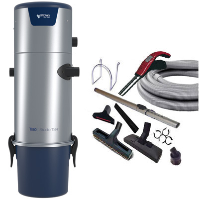 Aspiration centralisée AERTECNICA TS4 (jusqu’à 700 m²), Sans Sac - GARANTIE 3 ANS - Avec 1 trousse flexible à variateur 9 M + 8 accessoires + Aspi-Plumeau