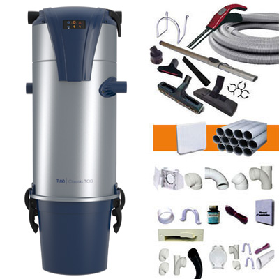 Aspiration centralisée AERTECNICA TC3 (jusqu’à 550 m²), Sans Sac - GARANTIE 3 ANS  - Avec 1 trousse flexible à variateur 9m + 8 access. + kit 3 prises + kit prise balai + kit prise garage