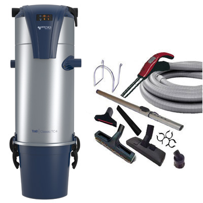 Aspiration centralisée AERTECNICA TC4 (jusqu’à 700 m²), Sans sac - GARANTIE 3 ANS - Avec 1 trousse flexible à variateur 9 M + 8 accessoires + Aspi-Plumeau