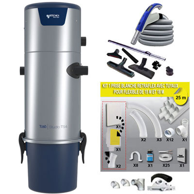 Aspiration Centralisée Aertecnica TS4 garantie 3 ans + Set 15m RETRAFLEX marche/arrêt à télécommande intégrée + 7 accessoires + kit 1 prise Retraflex + kit ramasse-miettes (rayon de 150 m2)