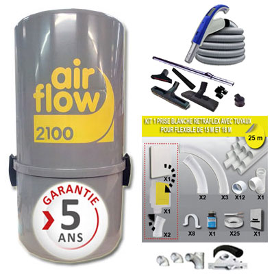 Aspirateur central AIRFLOW 2100 garantie 5 ans + Set 15 m RETRAFLEX + 7 accessoires + kit 1 prise RETRAFLEX nouvelle génération, 20% plus petit que le premier modèle! + kit prise balai (rayon d'action 150 m2)