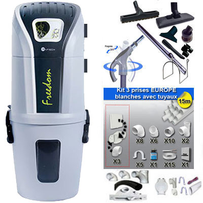 Aspiration centralisée SACH CVTech VAC Freedom 1.8kW + Set inter 9 M + 8 accessoires + kit 3 prises + kit prise balai + kit prise garage - Logement jusqu'à 300m2 - Garantie 4 ans