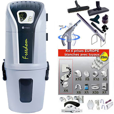 Aspiration centralisée SACH CVTech VAC Freedom 2.4kW + Set inter 9 M + 8 accessoires + kit 4 prises + kit prise balai + kit prise garage - Logement jusqu'à 500 m2 - Garantie 4 ans
