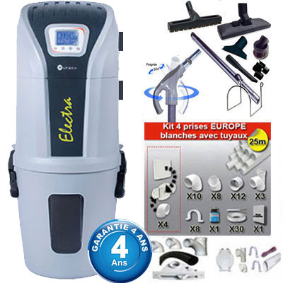 Aspiration centralisée SACH CVTech VAC Electra 2.4kW garantie 4 ans (jusqu'à 500 M²) + Set inter 9 M + 8 accessoires + kit 4 prises + kit prise balai + kit prise garage