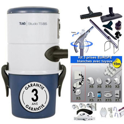 Aspirateur central Aertecnica TS85 garantie 3 ans (jusqu’à 150 m²) + trousse inter 9 ML + 8 accessoires + kit 3 prises + kit prise balai + kit prise garage