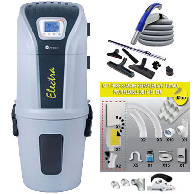 Aspiration centralisée SACH CVTech VAC Electra 2.4kW garantie 4 ans + Set 12 m RETRAFLEX marche/arrêt à télécommande intégrée + 7 accessoires + kit 1 prise Retraflex + kit ramasse-miettes (jusqu'à 500 m2)