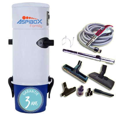 Aspirateur central hybride Aspibox Family - kit flexible de 9m à variateur de vitesse et 8 accessoires + 1 aspi-plumeau - Jusqu'à 250 m2 - Garantie 3 ans