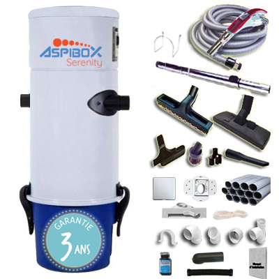 Aspirateur central hybride Aspibox Serenity avec kit flexible 9m avec variateur de vitesse, 8 access. Kit 4 prises, kit prise balai, kit prise garage - Jusqu'à 350m2 - Garantie 3 ans