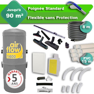 Aspirateur central AIRFLOW 1600 garantie 5 ans + flexible rétractable  8 m standard + 7 accessoires + kit 1 prise RETRAFLEX + kit prise balai (rayon d'action 90 m2)