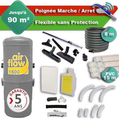 Aspirateur central AIRFLOW 1600 garantie 5 ans + flexible rétractable  8 m + poignée marche/arrêt + 7 accessoires + kit 1 prise RETRAFLEX + kit prise balai (rayon d'action 90 m2)