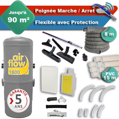 Aspirateur central AIRFLOW 1600 garantie 5 ans + flexible rétractable 8 m avec housse de protection + poignée marche/arrêt + 7 accessoires + kit 1 prise RETRAFLEX + kit prise balai (rayon d'action 90 m2)