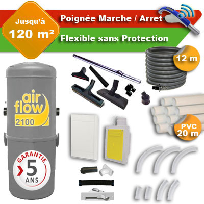 Aspirateur central AIRFLOW 2100 garantie 5 ans + flexible rétractable  12 m + poignée marche/arrêt + 7 accessoires + kit 1 prise RETRAFLEX + kit prise balai (rayon d'action 120 m2)