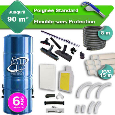 Aspirateur central hybride ATEPAC 70 GARANTIE 6 ANS + flexible rétractable  8 m standard + 7 accessoires + kit 1 prise RETRAFLEX + kit prise balai (rayon d'action 90 m2)