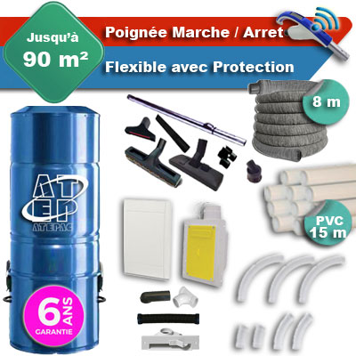 Aspirateur central hybride ATEPAC 70 GARANTIE 6 ANS + flexible rétractable 8 m avec housse de protection + poignée marche/arrêt + 7 accessoires + kit 1 prise RETRAFLEX + kit prise balai (rayon d'action 90 m2)