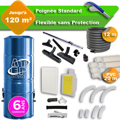 Aspirateur central hybride ATEPAC 70 GARANTIE 6 ANS + flexible rétractable  12 m standard + 7 accessoires + kit 1 prise RETRAFLEX + kit prise balai (rayon d'action 120 m2)