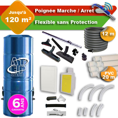 Aspirateur central hybride ATEPAC 70 GARANTIE 6 ANS + flexible rétractable  12 m + poignée marche/arrêt + 7 accessoires + kit 1 prise RETRAFLEX + kit prise balai (rayon d'action 120 m2)