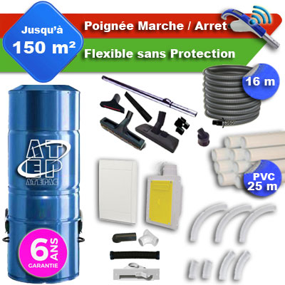 Aspirateur central hybride ATEPAC 70 GARANTIE 6 ANS + flexible rétractable  16 m + poignée marche/arrêt + 7 accessoires + kit 1 prise RETRAFLEX + kit prise balai (rayon d'action 150 m2)