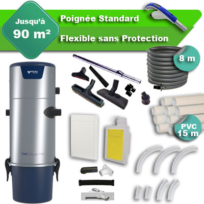 Aspirateur central Aertecnica TS2 garantie 3 ans + flexible rétractable  8 m standard + 7 accessoires + kit 1 prise RETRAFLEX + kit prise balai (rayon d'action 90 m2)