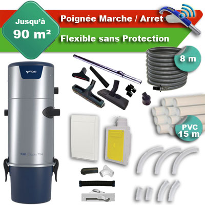 Aspirateur central Aertecnica TS2 garantie 3 ans + flexible rétractable  8 m + poignée marche/arrêt + 7 accessoires + kit 1 prise RETRAFLEX + kit prise balai (rayon d'action 90 m2)