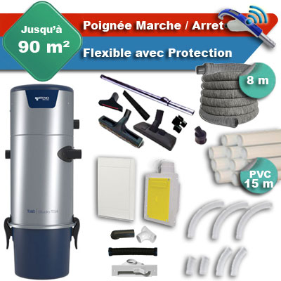 Aspirateur central Aertecnica TS2 garantie 3 ans + flexible rétractable 8 m avec housse de protection + poignée marche/arrêt + 7 accessoires + kit 1 prise RETRAFLEX + kit prise balai (rayon d'action 90 m2)