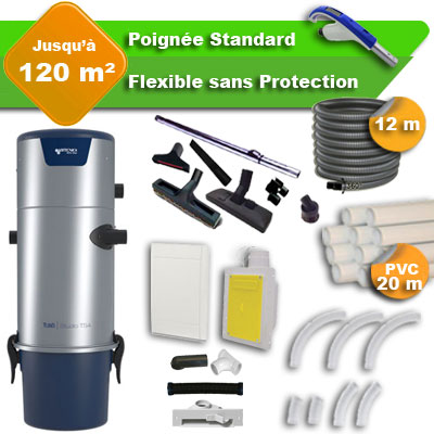 Aspirateur central Aertecnica TS4 garantie 3 ans + flexible rétractable  12 m standard + 7 accessoires + kit 1 prise RETRAFLEX + kit prise balai (rayon d'action 120 m2)