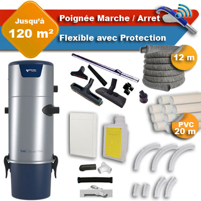 Aspirateur central Aertecnica TS4 garantie 3 ans + flexible rétractable 12 m avec housse de protection + poignée marche/arrêt + 7 accessoires + kit 1 prise RETRAFLEX + kit prise balai (rayon d'action 120 m2)