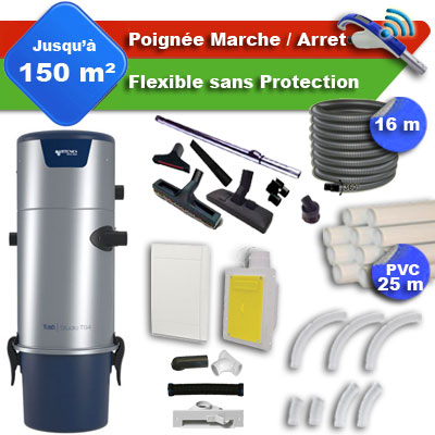 Aspirateur central Aertecnica TS4 garantie 3 ans  + flexible rétractable 16 m + poignée marche/arrêt + 7 accessoires + kit 1 prise RETRAFLEX + kit prise balai (rayon d'action 150 m2)