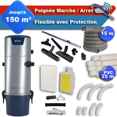Aspirateur central Aertecnica TS4 garantie 3 ans + flexible rétractable 15 m avec housse de protection + poignée marche/arrêt + 7 accessoires + kit 1 prise RETRAFLEX + kit prise balai (rayon d'action 150 m2)