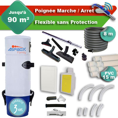 Aspirateur central Aspibox Family garantie 3 ans + flexible rétractable  8 m + poignée marche/arrêt + 7 accessoires + kit 1 prise RETRAFLEX + kit prise balai (rayon d'action 90 m2)