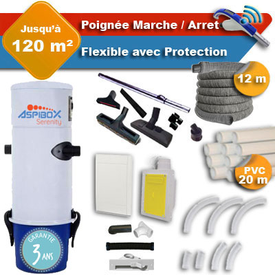 Aspirateur central Aspibox Serenity garantie 3 ans + flexible rétractable 12 m avec housse de protection + poignée marche/arrêt + 7 accessoires + kit 1 prise RETRAFLEX + kit prise balai (rayon d'action 120 m2)