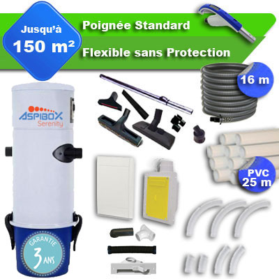 Aspirateur central Aspibox Serenity garantie 3 ans + flexible rétractable  16 m standard + 7 accessoires + kit 1 prise RETRAFLEX + kit prise balai (rayon d'action 150 m2)