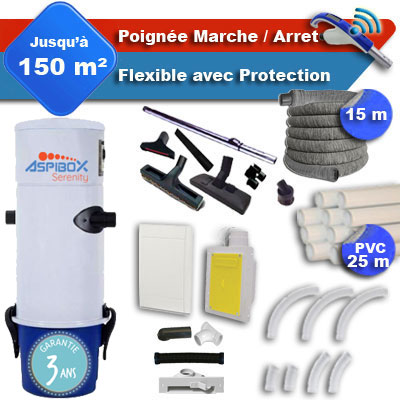 Aspirateur central Aspibox Serenity garantie 3 ans + flexible rétractable 15 m avec housse de protection + poignée marche/arrêt + 7 accessoires + kit 1 prise RETRAFLEX + kit prise balai (rayon d'action 150 m2)