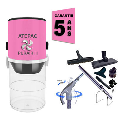 Aspiration centralisée ATEPAC PURAIR III garantie 5 ans (jusqu'à 250 M²) + Set inter 9 M + 8 accessoires + 1 Aspi-plumeau offert