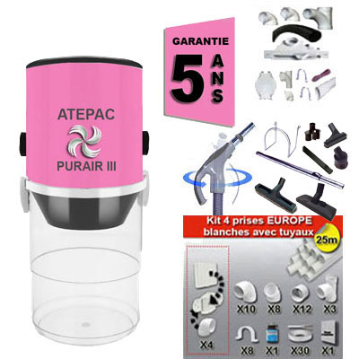 Aspiration centralisée ATEPAC PURAIR III (jusqu'à 250 M²), Garantie 5 ans + Set inter 9 M + 8 accessoires + kit 4 prises + kit prise balai + kit prise garage