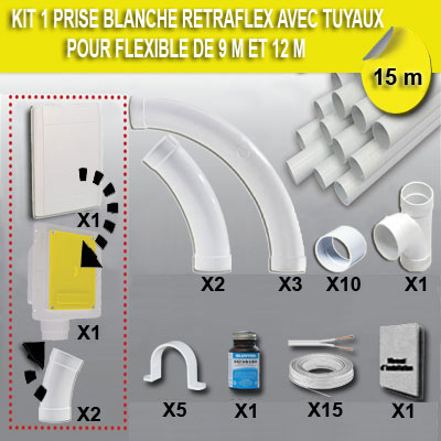 Kit 1 prise RETRAFLEX blanche avec 15m de tuyaux pvc (pour flexibles de 9m et 12m non fournis)