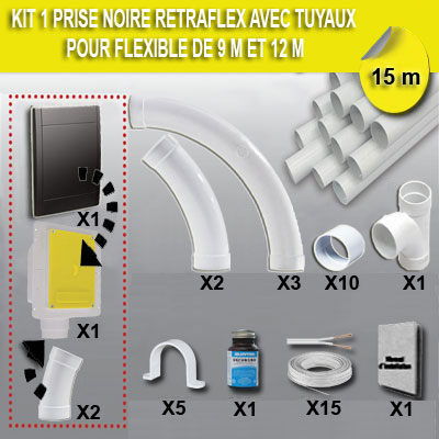 Kit 1 prise RETRAFLEX noire avec 15m de tuyaux pvc (pour flexibles de 9m et 12m non fournis)