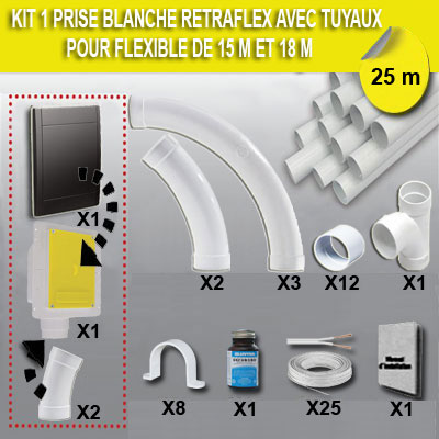 Kit 1 prise RETRAFLEX noire avec 25m de tuyaux pvc (pour flexibles de 15m et 18m non fournis)
