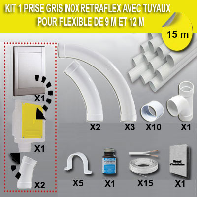 Kit 1 prise RETRAFLEX gris inox avec 15m de tuyaux pvc (pour flexibles de 9m et 12m non fournis)