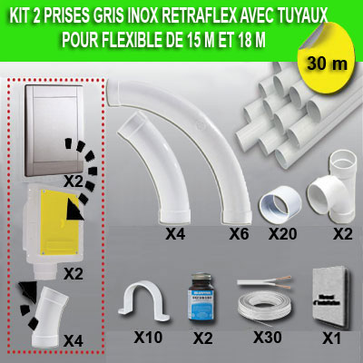 Kit 2 prises RETRAFLEX gris inox avec tuyaux pvc (pour flexibles de 9m et 12m non fournis)