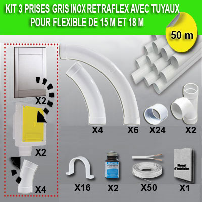 Kit 2 prises RETRAFLEX gris inox avec tuyaux pvc (pour flexibles de 15m et 18m non fournis)