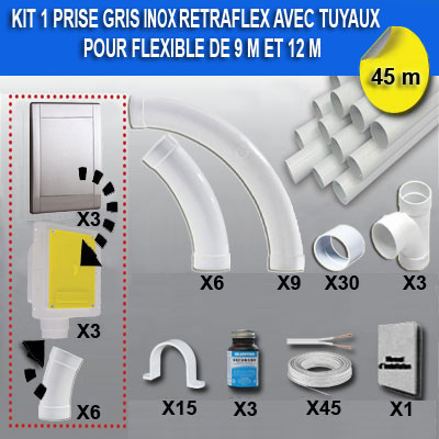 Kit 3 prises RETRAFLEX gris inox avec tuyaux pvc (pour flexibles de 9m et 12m non fournis)