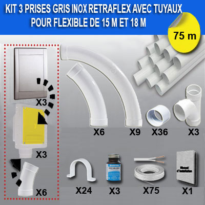 Kit 3 prises RETRAFLEX gris inox avec tuyaux pvc (pour flexibles de 15m et 18m non fournis)