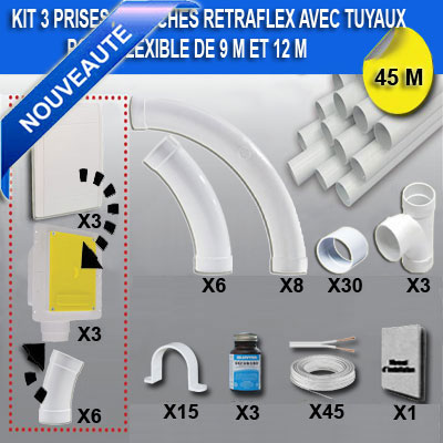 Kit 3 prises RETRAFLEX blanches nouvelle génération, 20% plus petit que le premier modèle! avec 45m de tuyaux pour flexible de 9m et 12m