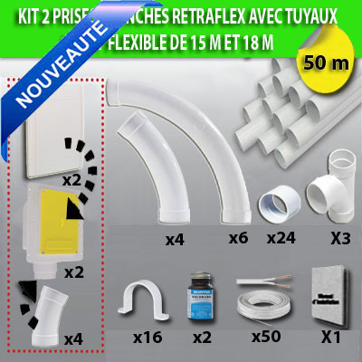 Kit 2 prises RETRAFLEX blanches nouvelle génération, 20% plus petit que le premier modèle! avec 50m de tuyaux pour flexible de 15m et 18m