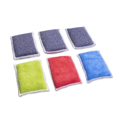 Sachet 3 éponges grattantes bi-face bleu, rose, vert, gris, De Witte 615.900.288