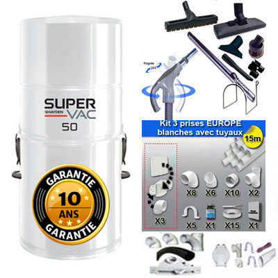 [AAC412] Aspirateur central à sac HAYDEN SuperVac 50 (jusqu’à 250 m²) - GARANTIE 10 ANS - Kit flexible 9m et 8 accessoires + kit 3 prises + kit prise balai + kit prise garage