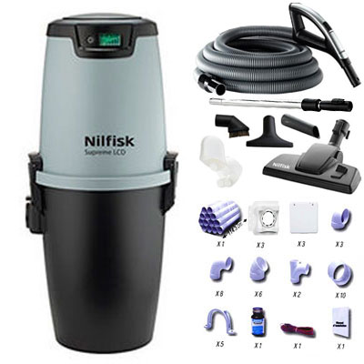 [APC021] Aspirateur central NILFISK SUPREME LCD démarrage sans fil GARANTIE 5 ANS +/- de 260 m2 + trousse télécommandé 9 ML + 6 accessoires + kit 3 prises + 1 Aspi-plumeau offert