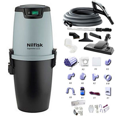 [APC022] Aspirateur central NILFISK SUPREME LCD démarrage sans fils GARANTIE 5 ANS +/- de 260 m2 + trousse télécommandé 9 ML + 6 accessoires + kit 3 prises + kit prise balai + kit prise garage