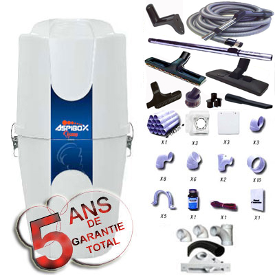 [APC041] Aspirateur central ASPIBOX 1400F GARANTIE 5 ANS (jusqu’à 200 m²)+ trousse inter 9 ML + 8 accessoires + kit 3 prises + kit prise balai + kit prise garage