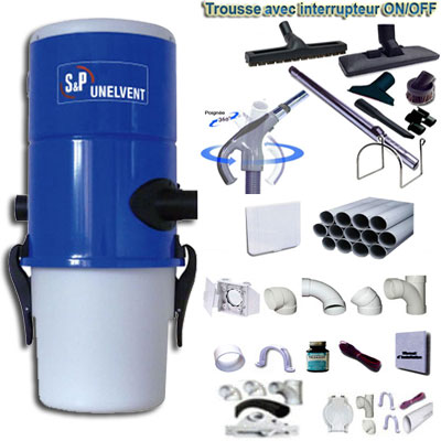 [APC042] Aspiration centralisée SAPHIR 250N GARANTIE 2 ANS (jusqu’à 250 m²), UNELVENT 620335 - Kit flexible interrupteur 9m et 8 accessoires + kit 3 prises + kit prise balai + kit prise garage - Surface jusqu'à 250m2